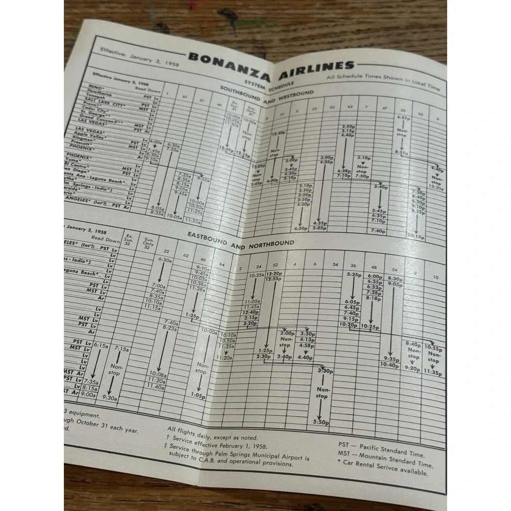 Vtg 1958 Bonanza Airlines System Timetable Salt Lake City Phoenix Reno Vegas